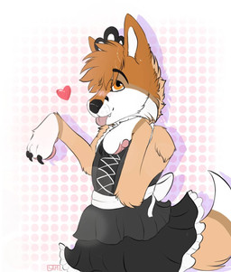 anthro bottomwear clothed clothing crossdressing dotted_background dress femboy fur heart_symbol maid_uniform male pattern_background pawpads paws pink_pawpads simple_background skirt smile solo tail tail_under_skirt tongue tongue_out uniform samuelwolfo canid canine canis mammal wolf digital_media_(artwork) hi_res