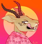 ambiguous_gender anthro biped clothed clothing eye_spots fur gradient_background horn licking licking_lips pink_clothing pink_shirt pink_topwear shirt simple_background solo text tongue tongue_out topwear froste beastars melon_(beastars) antelope bovid felid gazelle hybrid leopard mammal pantherine 2019 digital_drawing_(artwork) digital_media_(artwork)