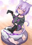 barefoot breasts butt choker clothing feet female floor hair humanoid_feet jewelry kneeling necklace offering_to_viewer plantigrade ps4_controller purple_eyes purple_hair seiza sitting soles solo sparkles sweater topwear wood wood_floor hololive vtuber okayu_nekomata felid feline humanoid mammal absurd_res hi_res