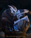 armor bodypaint cuddling cybernetic_arm cybernetic_limb dialogue duo eye_contact face_paint green_eyes intraspecies looking_at_another male male/male open_mouth standing teeth creepy_gun bioware electronic_arts mass_effect nihlus_kryik saren_arterius alien turian hi_res