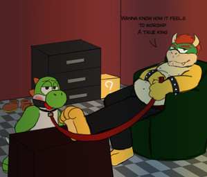 anthro ball_gag barefoot bdsm blush bondage bound clothing dominant duo feet footwear gag gagged leash male male/male restrain slightly_chubby soles submissive teasing text toes mrpawpaw mario_bros nintendo bowser dragon_koopa green_yoshi koopa reptile scalie turtle yoshi absurd_res digital_media_(artwork) english_text hi_res