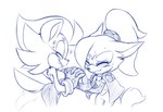 anthro blush bodily_fluids cloak clothed clothing duo eyes_closed female hand_holding happy simple_background sweat tail tail_motion tailwag white_background hildahyena idw_publishing sega sonic_the_hedgehog_(comics) sonic_the_hedgehog_(idw) sonic_the_hedgehog_(series) hilda_the_hyena whisper_the_wolf canid canine canis hyena mammal wolf blue_and_white monochrome