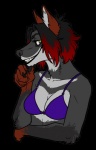 airu alpha_channel anthro bra breasts canid canine claws cleavage clothed clothing darwin's_fox digital_media_(artwork) female fox front_view fur gloves_(marking) green_eyes grey_body grey_fur grin hair half-length_portrait hand_on_chin hi_res looking_at_viewer mammal markings portrait purple_clothing purple_topwear simple_background smile solo south_american_fox three-quarter_view topwear transparent_background underwear vixe
