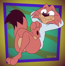abstract_background anthro clothing crossed_arms crossed_legs hands_behind_head male paws pose shirt solo topwear whiskers white_clothing white_shirt white_topwear gavanzude hanna-barbera top_cat_(series) choo-choo_(top_cat) domestic_cat felid feline felis mammal digital_drawing_(artwork) digital_media_(artwork) hi_res pinup signature