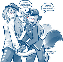 anthro biped blush bottomwear bound breasts clothed clothed_anthro clothed_female clothing cuff_(restraint) duo ear_twitch eyes_closed female fingers fully_clothed fully_clothed_anthro fully_clothed_female fur fuzzy_handcuffs hair handcuffed handcuffs hands_behind_back hands_tied hat headgear headwear metal_cuffs open_mouth police police_uniform restraints seductive simple_background smile standing tail tail_around_leg tail_coil tail_motion tailwag text tongue topwear uniform white_background conditional_dnp tom_fischbach twokinds laura_(twokinds) victoria_(twokinds) basitin canid canine fox keidran mammal 2026 digital_drawing_(artwork) digital_media_(artwork) english_text hi_res monochrome sketch spot_color