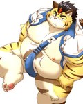 anthro barely_contained barely_contained_penis belly blush erection eyebrows fur genitals male moobs navel nipples overweight penis solo striped_body striped_fur stripes thick_eyebrows debudave_12 tamacolle hitachi_(tamacolle) felid mammal pantherine tiger 4:5 absurd_res hi_res