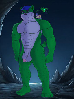 abs anthro armpit_hair balls barazoku blue_cap body_hair butt_hair cavern chest_hair clothing flaccid genitals green_body hairy hairy_legs hat headgear headgear_only headwear headwear_only male mostly_nude mostly_nude_male muscular muscular_anthro muscular_male night nude nude_male pecs penis pubes solo ai_assisted ai_generated_background conditional_dnp kazuhisa_(artist) richard_devil dasyurid dasyuromorph mammal marsupial tasmanian_devil 2026 3:4 absurd_res hi_res redraw shaded