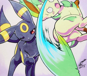 ambiguous_gender attack black_body blush blush_lines bodily_fluids butt dodging duo embarrassed empty_eyes eyelashes feral fur markings one_eye_closed open_mouth paws red_eyes ring_(marking) simple_background sweat tail tan_body tan_fur 025aki nintendo pokemon eeveelution generation_2_pokemon generation_4_pokemon leafeon pokemon_(species) umbreon 2026 absurd_res dated hi_res signature