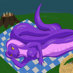 anthro bedding blanket breasts female genitals legless lying nipples non-mammal_nipples on_side solo vulva kitsunitachi cobra humanoid reptile scalie snake 1:1 hi_res