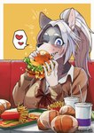 alternative_fashion anthro at_table big_breasts black_nose bow_tie breasts brown_clothing brown_sweater brown_topwear burger claws clothed clothing container cup drinking_straw eating eating_food eyelashes female female_anthro fingers food fries fur furniture grey_body grey_fur gyaru hair heart_symbol holding_burger holding_food holding_object j-fashion kemono kogal long_hair one_eye_closed open_mouth ponytail purple_eyes sharp_teeth shirt solo speech_bubble sweater table teeth topwear white_body white_fur white_hair ayabemiso okami_bark canid canine canis mammal wolf digital_media_(artwork) hi_res