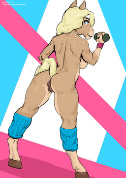 anthro anus biped breasts butt clothing dumbbell exercise female genitals hair hooves innie_vulva leg_warmers legwear looking_at_viewer looking_back nude puffy_anus rear_view side_boob simple_background solo standing text vulva weights workout gewitter equid equine horse mammal 2017 digital_media_(artwork) hi_res url