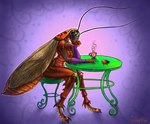 anthro arthropod_abdomen beverage coffee collar exoskeleton feelers female furniture looking_at_viewer realistic solo table vera_(artist) arthropod blattodea cockroach insect 2010 dated digital_drawing_(artwork) digital_media_(artwork) tagme