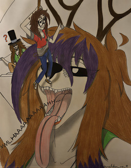 anthro antlers black_eyes brown_hair cat_smile clothing collared_shirt dress_shirt facial_hair fangs female freckled_face freckles gesture group hair hand_gesture hat headgear headwear horn imminent_vore inverted_eyes lips long_hair long_tongue male multicolored_hair onomatopoeia open_mouth oral_vore question_mark red_lips shirt sound_effects string t-shirt tank_top teeth text thumbs_up tongue tonsils top_hat topwear trio uvula vore dylanaildon_no_2 oscar_(dylanaildon_no_2) tirisk_(dylanaildon_no_2) toby_(dylanaildon_no_2) forest_spirit human humanoid mammal absurd_res hi_res superabsurd_res