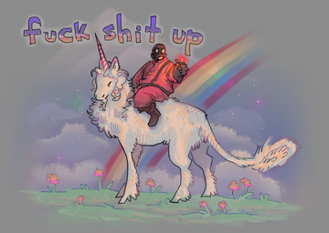 ambiguous/ambiguous ambiguous_gender cloud duo feral fur grass horn larger_feral lighter pink_horn plant profanity pyroland rainbow riding riding_on_back size_difference sky skyscape text white_body white_fur lobsterlover mythology team_fortress_2 valve valve_corporation pyro_(team_fortress_2) equid equine human mammal mythological_creature mythological_equine unicorn english_text