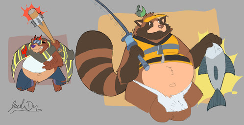 anthro apron balls bat_(object) big_balls bottomwear brown_body brown_fur bulge clothing denim denim_bottomwear denim_clothing fishing_rod fur genitals huge_balls jeans leaf leaf_on_head life_jacket male markings multicolored_body multicolored_fur overweight overweight_anthro overweight_male pants smile solo spiked_bat striped_markings striped_tail stripes tail tail_markings tan_body tan_fur two_tone_body two_tone_fur wide_eyed jacobspencer04 toast_(roseonapot) aquatic canid canine fish mammal raccoon_dog tanuki hi_res