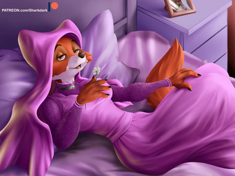 4:3 anthro bed canid canine clothing disney dress female flower fox fur furniture looking_at_viewer maid_marian mammal open_mouth orange_body orange_eyes orange_fur photo pillow plant red_fox robin_hood_(disney) sharkdark smile solo true_fox