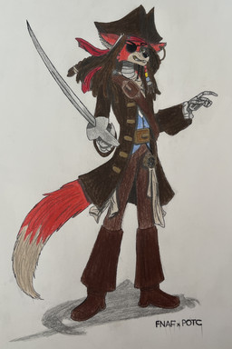 anthro bandana_on_head beads beard boots braided_beard braided_hair clothing coat compass cutlass dreadlocks ear_piercing ear_ring eye_patch eyewear facial_hair footwear gold_(metal) gold_tooth grin hair hat headgear headwear machine male melee_weapon multiple_belts piercing ring_piercing sewing_needle shadow shoes simple_background smile solo sword tail text topwear tricorne weapon whisker_spots dylanaildon_no_2 disney five_nights_at_freddy's pirates_of_the_caribbean scottgames foxy_(fnaf) jack_sparrow animatronic canid canine fox mammal robot absurd_res hi_res traditional_media_(artwork)