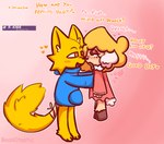 anthro bandage bandaged_tail blush bodily_fluids carrying_another carrying_partner cloak clothing drooling duo eyelashes fluffy fluffy_tail fur heart_symbol hoodie hooves hypnosis kissing male male/male mind_control orange_eyes pink_background prompt saliva short_tail simple_background tail teasing topwear yellow_body yellow_fur bean0tastic hypnovember beanie_(bean0tastic) bovid caprine domestic_cat felid feline felis mammal sheep hi_res