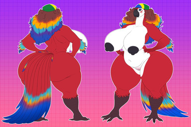 anthro areola bandana_on_head beak big_breasts big_butt black_areola black_nipples blonde_hair blue_body blue_eyelids blue_eyes blue_feathers blue_hair breasts brown_hair butt eyelashes feathers feet female female_anthro front_view genitals hair hand_on_hip hand_on_own_hip huge_breasts huge_butt huge_hips huge_thighs hyper innie_vulva looking_at_viewer multicolored_body multicolored_feathers multicolored_hair navel nipple_dip nipples non-mammal_breasts non-mammal_navel non-mammal_nipples nude nude_anthro nude_female rear_view red_body red_feathers red_hair smile solo talons thick_thighs toes vulva white_body wide_hips yellow_body yellow_feathers vintagart rosa_(noeticred) ara_(genus) avian bird macaw neotropical_parrot parrot scarlet_macaw true_parrot hi_res model_sheet