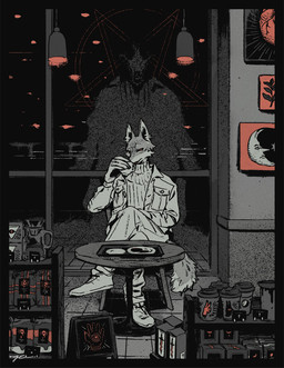anthro clothed clothing coffee_shop drinking_coffee ears_up footwear fur glass grey_body grey_fur looking_at_viewer male occult_symbol pentagram red_sclera shoes sitting symbol tail tail_aside white_body white_clothing white_fur nagabe bovid canid canine caprine caprine_demon demon goat_demon mammal