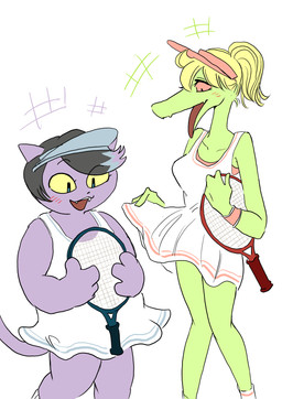 anthro blush clothed clothing dress duo female hat headgear headwear simple_background sport sportswear tennis tennis_racket tennis_uniform uniform visor_cap white_background crescendeon undertale undertale_(series) bratty_(undertale) catty_cattenheimer alligator alligatorid crocodilian domestic_cat felid feline felis mammal reptile scalie 2019 absurd_res hi_res