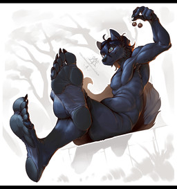 anthro black_bars cherry claws eyewear feet food foot_focus fruit fur glasses hair humanoid_feet male nude pawpads paws plant plantigrade smile soles solo tail toes wearing_glasses kredri canid canine canis mammal wolf letterbox