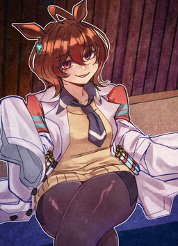 accessory animal_ears breasts brown_hair clothing coat cowlick crossed_legs ear_piercing female glistening_thighs hair high-angle_view lab_coat leggings legwear long_sleeves looking_at_viewer medium_breasts necktie open_mouth open_smile piercing raised_hand sitting smile solo teeth thick_thighs topwear vial warl_granada cygames uma_musume_pretty_derby agnes_tachyon_(pretty_derby) animal_humanoid equid equid_humanoid equine equine_humanoid horse_humanoid humanoid mammal mammal_humanoid 2026 absurd_res digital_drawing_(artwork) digital_media_(artwork) hi_res