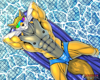 abs anthro bulge clothing eyewear male muscular muscular_male nipples pecs pool pool_float pool_toy relaxed_expression relaxing small_bulge small_penis_appreciation small_penis_pride solo speedo sunglasses swimwear iudicium86 blake_gibson canid canine canis mammal wolf 5:4 hi_res