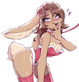 5_fingers anthro aroused blush brown_body brown_fur brown_hair clothing collar costume cunnilingus_gesture ear_piercing ear_ring female fingers flirting flirting_look flirting_with_viewer fur gesture grey_eyes hair heart_eyes heart_symbol leash legwear leotard multicolored_body multicolored_fur piercing playboy_bunny ring_piercing santa_costume scut_tail short_tail simple_background solo suggestive suggestive_gesture tail thigh_highs tongue tongue_out two_tone_body two_tone_fur white_background 3rdperson_iz lagomorph leporid mammal rabbit hi_res