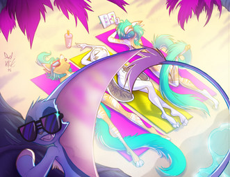 4_ears anthro beach beach_towel blue_body blue_fur blue_tail book convenient_censorship eyes_closed eyewear female fur gloves_(marking) grin group looking_at_viewer lying male markings multi_ear navel nude nude_female nude_male on_back palm_tree plant smile sunglasses tail tail_tuft thin_tail towel tree tuft white_body white_fur david_lillie dreamkeepers digo_marrallang indi_marrallang indigo_marrallang silk_(dreamkeepers) whip_(dreamkeepers) canid lagomorph leporid mammal rabbit 2025 hi_res