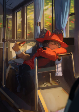 ambiguous_gender anthro blue_hair blush bus bus_seat clothed clothing commercial_vehicle day detailed_background duo eyebrow_through_hair eyebrows eyes_closed feral footwear hair hat headgear headwear inside public_transportation relaxing scarf shoes sitting translucent translucent_hair vehicle young shadches oneshot niko_(oneshot) rue_(oneshot) canid canine domestic_cat felid feline felis fox mammal 2025 absurd_res digital_media_(artwork) hi_res