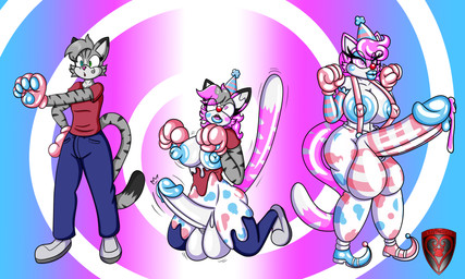 anthro balls big_balls big_penis bimbofication bimbofied bodily_fluids bottomwear breast_growth breasts bulge clothing clown clown_costume clown_makeup clown_nose clownpocalypse corruption cum expansion footwear forced forced_transformation gender_transformation genital_expansion genital_fluids genitals gloves growth gynomorph handwear hat headgear headwear heterochromia huge_balls huge_penis humanoid_genitalia humanoid_penis hyper hyper_balls hyper_genitalia hyper_penis hypnosis intersex latex latex_body latex_clothing lips male mind_control mtg_transformation mti_transformation nipples pants party_hat paw_gloves pawpads paws penis penis_expansion pies36 shoes solo spiral spiral_eyes suspenders suspenders_on_nipples tail thick_lips transformation unusual_bodily_fluids unusual_cum unusual_genital_fluids ladyfoxheart domestic_cat egyptian_mau felid feline felis mammal absurd_res digital_media_(artwork) hi_res sequence