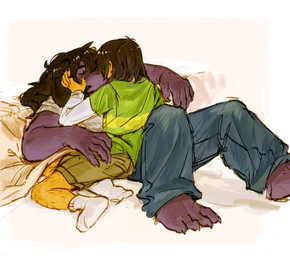 anthro brown_hair clothing duo female footwear freckles hair kissing male purple_body simple_background sitting socks white_background yellow_body yellow_skin colicolicolicoli deltarune undertale_(series) kris_(deltarune) susie_(deltarune) human mammal scalie 2025 hi_res