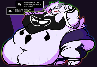 annoyed anthro belly belly_on_ground belly_overhang belly_rolls big_belly big_butt big_moobs black_sclera butt cellulite chubby_cheeks clothing deep_navel double_chin fat_arms fat_rolls fur fur_markings gameplay_mechanics hair huge_belly huge_butt huge_moobs huge_thighs hyper hyper_belly ill-fitting_clothing implied_weight_gain male markings midriff moobs morbidly_obese morbidly_obese_male navel obese obese_male overweight overweight_male simple_background solo stretch_marks text text_box thick_thighs underwear weight_gain white_body white_fur wide_hips justemockroach undertale undertale_(series) asriel_dreemurr_(god_form) boss_monster_(undertale) bovid caprine goat mammal english_text hi_res