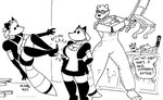 anthro bear boots breasts canid canine chair cleavage clothed clothing dialogue dildo domestic_cat english_text felid feline felis female footwear fox furniture group high_heeled_boots high_heels maid_uniform male mammal monochrome overalls_only robota_(tegerio) roocat_(character) sex_toy tail tegerio text uniform