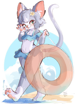 anthro beach bikini bikini_top blep clothing cloud female fur gesture grey_body grey_fur looking_at_viewer midriff pawpads pink_pawpads sand seaside skirted_bikini_top sky solo swim_ring swimwear tongue tongue_out two-piece_swimsuit walking water waving waving_at_viewer conditional_dnp tohupo domestic_cat felid feline felis mammal 2023 absurd_res dated hi_res signature