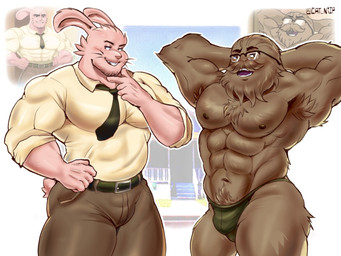 5_fingers abs anthro armpit_hair barazoku belt biceps biped body_hair bottomwear brown_body brown_fur brown_nipples buckteeth bulge clothed clothed_anthro clothed_male clothing duo eyewear fingers fur glasses humanoid_hands male muscular muscular_anthro muscular_male muscular_thighs navel necktie nipples open_mouth open_smile pants pecs pink_body pink_fur pink_nose shirt smile tail teeth thong thong_only tongue topless topwear underwear underwear_only whiskers cat_niip cartoon_network the_amazing_world_of_gumball nigel_brown richard_watterson gastropod lagomorph leporid mammal mollusk rabbit slug 2026 4:3 digital_media_(artwork) hi_res reference_image