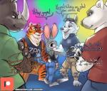 2019 abstract_background anthro barefoot bear black_stripes bottomwear breasts canid canine canis claws clothed clothing comic crossed_arms dialogue disney ellipsis english_text eyewear feet felid female fully_clothed fur grey_body grey_fur group hi_res inner_ear_fluff judy_hopps lagomorph leporid looking_back male mammal officer_grizzoli open_mouth open_smile orange_body orange_fur pantherine pants polar_bear purple_eyes question_mark rabbit rhinoceros scut_tail shirt short_tail side_boob siroc smile speech_bubble stripes sunglasses tail tank_top text text_on_clothing text_on_shirt text_on_topwear tiger toe_claws tongue topwear tuft ursine white_body white_fur wolf zootopia