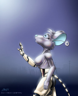 anthro blue_eyes blue_nose breasts featureless_breasts female fur glowing glowing_eyes grey_body grey_fur machine open_mouth side_view solo tail aelius ani-droids eo_(ani-droids) android mammal mouse murid murine robot rodent 2023