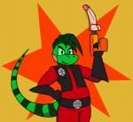 anthro clothing dildo drill drilldo gloves green_eyes handwear male power_tool sex_toy solo stripes sub-tympanic_shield tools iguanasarecool lord_reptilian iguana iguanid lizard reptile scalie 2d_animation animated short_playtime