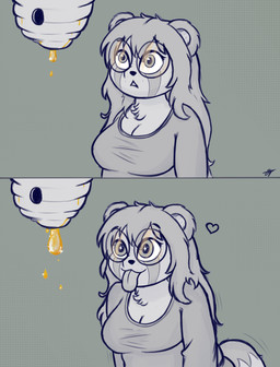 anthro beehive big_breasts biped breasts cleavage clothed clothing eyewear female food fur fur_markings glasses hair heart_symbol honey_(food) long_hair long_sleeve_shirt markings solo tail tongue tongue_out wearing_glasses pabord ritsuko_(pabord) bear giant_panda mammal 2026 absurd_res comic digital_drawing_(artwork) digital_media_(artwork) hi_res signature