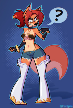 anthro arm_tuft bandeau bottomwear bracelet breasts clothing collar collarbone cosplay denim denim_bottomwear denim_clothing denim_shorts dipstick_ears ear_markings eyebrows eyelashes eyewear female fingerless_gloves fur glasses gloves green_eyes hair handwear jewelry markings midriff mole_(marking) mole_on_breast multicolored_ears navel orange_body orange_fur ponytail question_mark red_hair round_glasses shorts shoulder_tuft solo tan_body tan_fur topwear tuft psicoyote magical_pokaan liru_(magical_pokaan) veronica_(psicoyote) canid canine fox mammal 2026 absurd_res hi_res