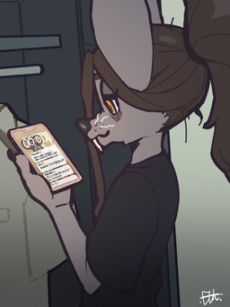 anthro biped brown_hair claws clothed clothed_anthro clothed_female clothing electronics female fingers fur hair holding_object holding_phone inside looking_at_object looking_at_phone phone rear_view solo standing teeth whiskers yellow_eyes el-k ratricia_(el-k) mammal mouse murid murine rodent 2026 digital_drawing_(artwork) digital_media_(artwork) hi_res