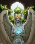 anthro blonde_hair cheek_tuft clothed clothing drapery drapery_(clothing) ears_up eyebrows facial_tuft fantasy feathered_wings feathers female fluffy_ears fluffy_wings fur glowing hair half_naked holding_object inside light long_hair magic nails orange_eyes orb plant relaxed_expression shrub slim_anthro small_waist solo sunlight toned_female tuft white_body white_clothing white_fur window wings buckovskiart canid canine canis mammal wolf 4:5 absurd_res hi_res