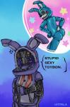 anthro blue_body blush bow_(feature) bow_tie butt exposed_endoskeleton glistening glowing glowing_eyes green_eyes humor machine pose purple_body smile solo teeth wire uitinla five_nights_at_freddy's five_nights_at_freddy's_2 scottgames toy_bonnie_(fnaf) withered_bonnie_(fnaf) animatronic lagomorph leporid mammal monster rabbit robot 2018 meme pinup