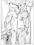 ?! anthro bear bear_boy_(furronika) border bottomless bottomwear canid canine canis clothed clothing comic cross cross_necklace dialogue domestic_dog duo empty_speech_bubble eyewear flaccid frottage furronika genital_piercing genitals glasses greyscale holding_clothing holding_object humanoid_genitalia humanoid_penis inside jewelry kitchen male male/male mammal monochrome muscular muscular_male necklace nipples nude pants penile penis penis_piercing piercing prince_albert_piercing reverse_prince_albert_piercing sex shirt short_tail speech_bubble standing tail tank_top topwear white_border