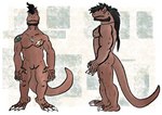 black_hair brown_body brown_scales claws green_hair_accessory hair male muscular muscular_male noai scales simple_background white_claws teyl'nir_(artist) aledon aledon_rex allosaurid allosaurus dinosaur prehistoric_species reptile scalie theropod absurd_res hi_res