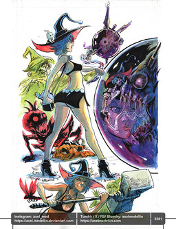 2_toes 5_fingers ambiguous_feral ambiguous_gender arms_bent bent_legs black_body black_bottomwear black_clothing black_crop_top black_footwear black_hat black_headwear black_high_heels black_shirt black_skin black_skirt black_topwear blue_eyes blue_hair bottomwear breasts butt closed_smile clothed clothed_female clothed_humanoid clothing crop_top doll empty_eyes eyelashes featureless_limbs feet female female_human female_humanoid feral fin fingers flying food footwear fruit fully_clothed fully_clothed_female fully_clothed_humanoid furrowed_brow furrowed_eyebrows green_body green_clothing green_hat green_headwear group hair hammer hat headgear headwear high_heels holding_melee_weapon holding_object holding_warhammer holding_weapon larger_ambiguous larger_female larger_feral larger_human light lips lying magic_user male male_humanoid melee_weapon membrane_(anatomy) midriff mouth_closed noseless number on_front on_hat open_mouth orb paper plant pumpkin quadruped red_body red_lips red_sclera red_skin red_wings reflection sharp_teeth shirt shoes simple_background sitting sitting_on_shoulder size_difference skirt smaller_ambiguous smaller_feral smaller_humanoid smile split_form standing tail tail_fin tan_body tan_skin teeth text text_box toes tools topwear warhammer weapon webbed_feet webbed_hands white_background wings witch witch_hat x_eyes axelmedellin inktober shapeshifter_(axelmedellin) voodoo_doll_(axelmedellin) witch_(axelmedellin) animate_inanimate arthropod cryptid dragonfly ghost human humanoid insect living_doll mammal spirit 2025 artist_name colored dated english_description lighting multiple_scenes painting_(artwork) pen_(artwork) shaded signature traditional_media_(artwork) url