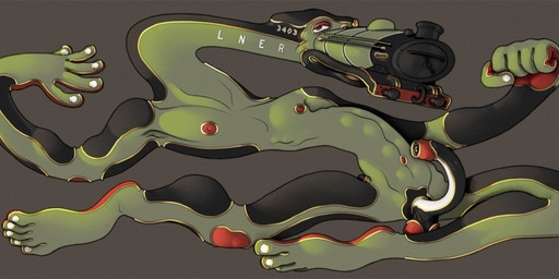 colored_nails curved_penis erection feet flexing genitals green_body humanoid_feet long_body long_limbs long_penis male nails nipples not_furry penis plantigrade red_nipples red_palms simple_background slim solo train vehicle white_nails ravuer humanoid absurd_res hi_res