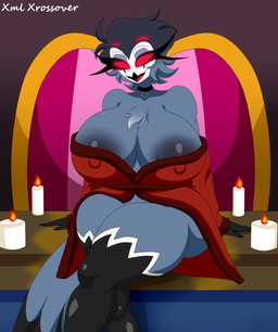 4_eyes anthro big_breasts big_butt breasts butt candle choker clothing crossed_legs crossgender desk eyelashes female fluffy fluffy_chest furniture hair hanging_clothing huge_breasts huge_butt jewelry legwear long_eyelashes looking_at_viewer mature_female mtf_crossgender multi_eye necklace nipple_outline red_clothing red_eyes red_robe robe robe_only short_hair sitting sitting_on_desk solo table tail thick_thighs thigh_highs wide_hips xml_xrossover_(artist) hellaverse helluva_boss stolas_(helluva_boss) animal_humanoid avian avian_humanoid humanoid absurd_res hi_res